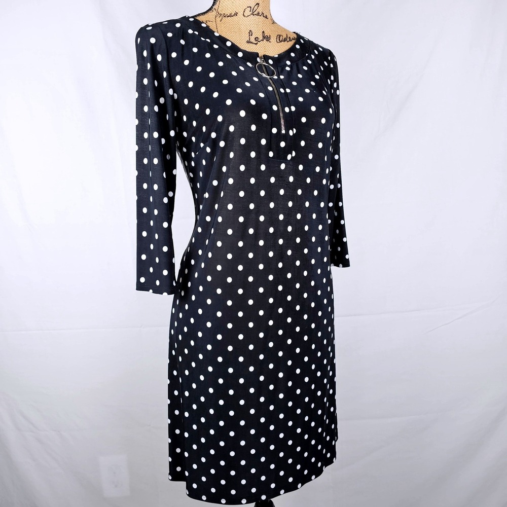 MSK Petite Black White Polka Dot Zipper Neck 3/4 Sleeve Dress SP‎